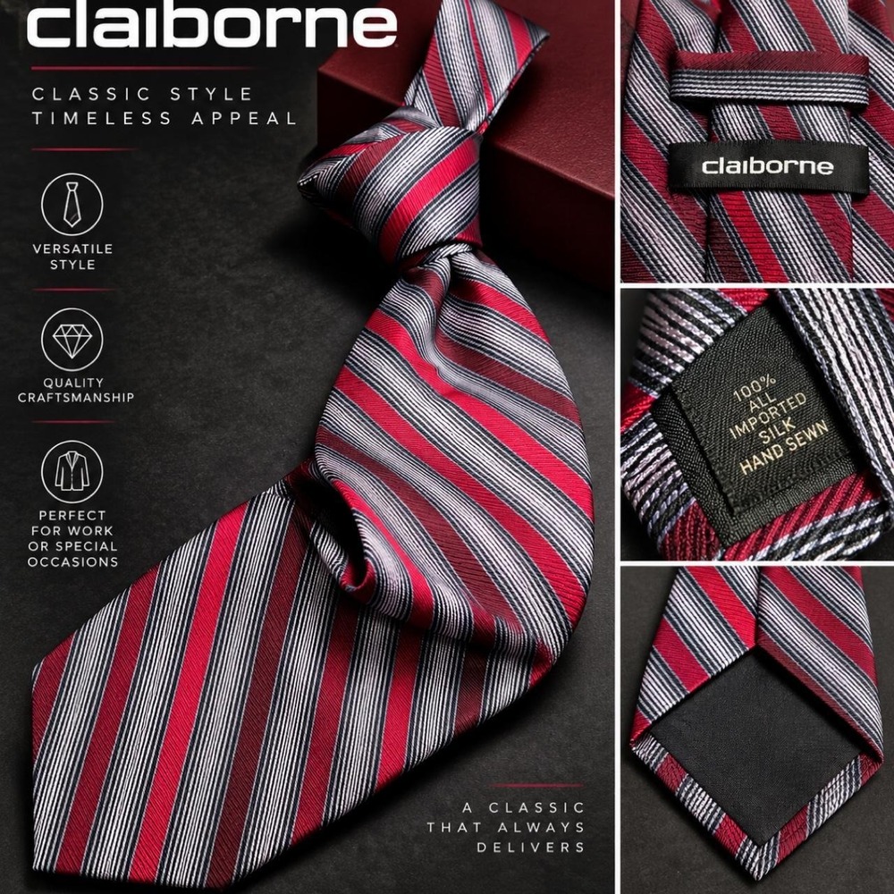 Claiborne 100% Silk Striped Necktie Red Burgundy Black Silver Hand Sewn